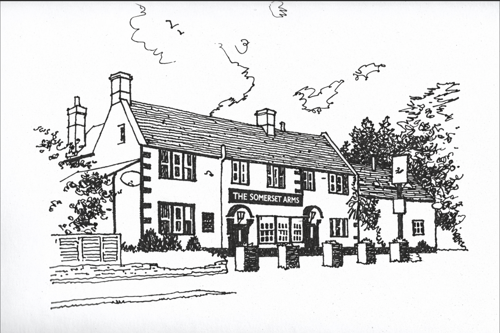 The Somerset Arms, Semington — pen and ink illustration with gold sunburst